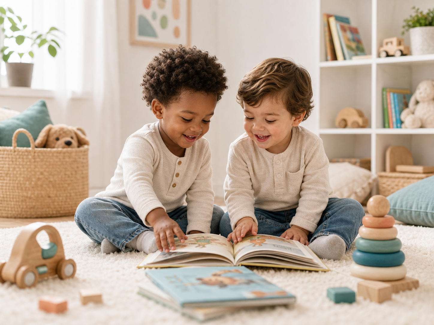 Two children reading picture books in a bright playroom